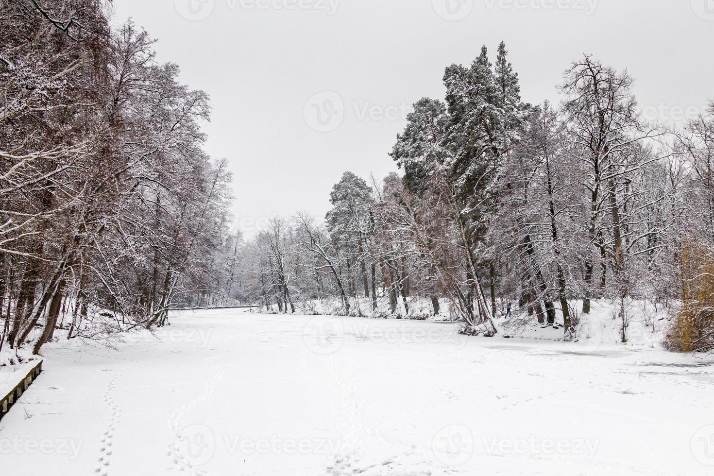 Winter See bedeckt mit Eis und Schnee foto