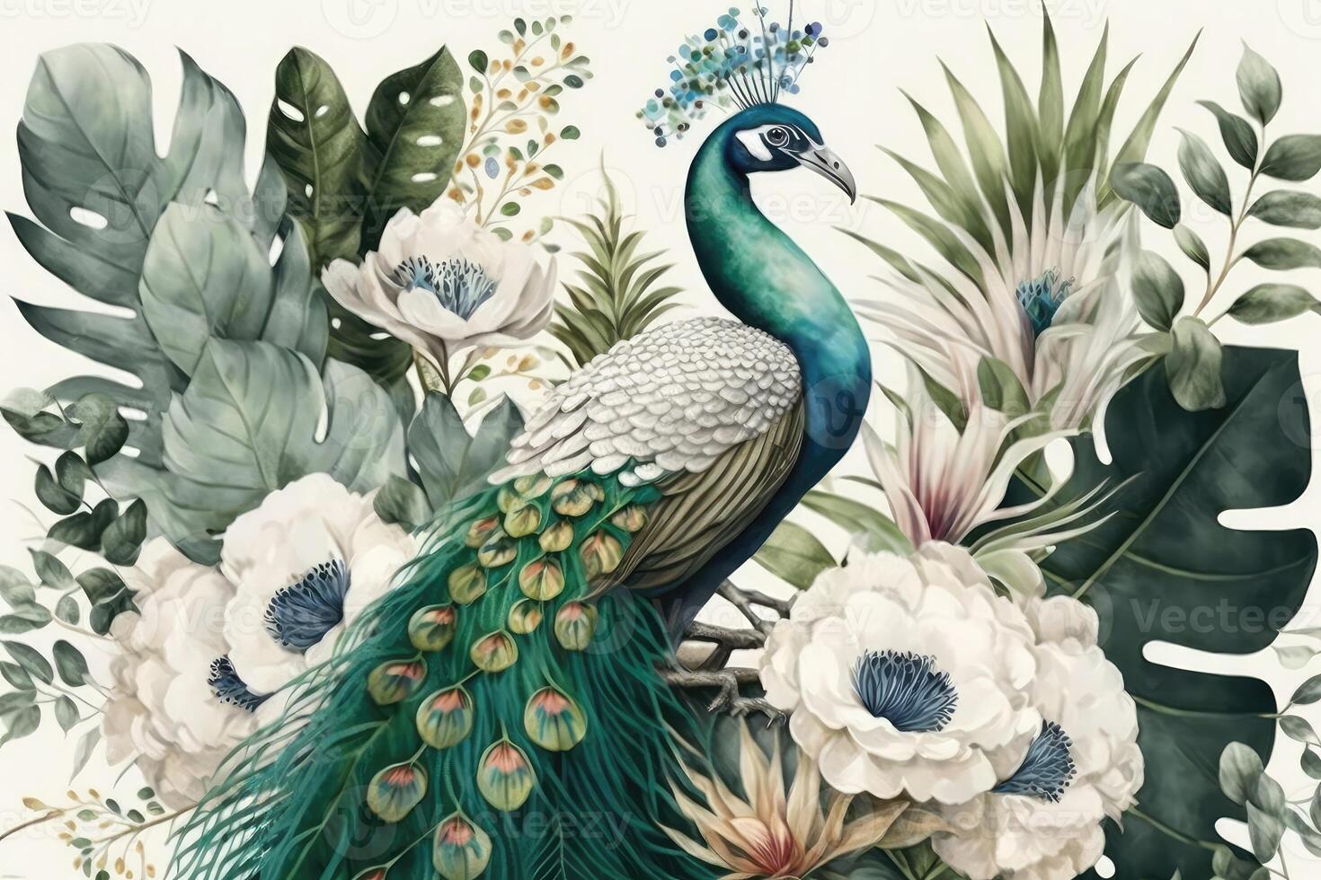 ai generiert Aquarell Gemälde tropisch Palme Blatt Geäst und Blumen mit ein Weiß Pfau Vogel. foto