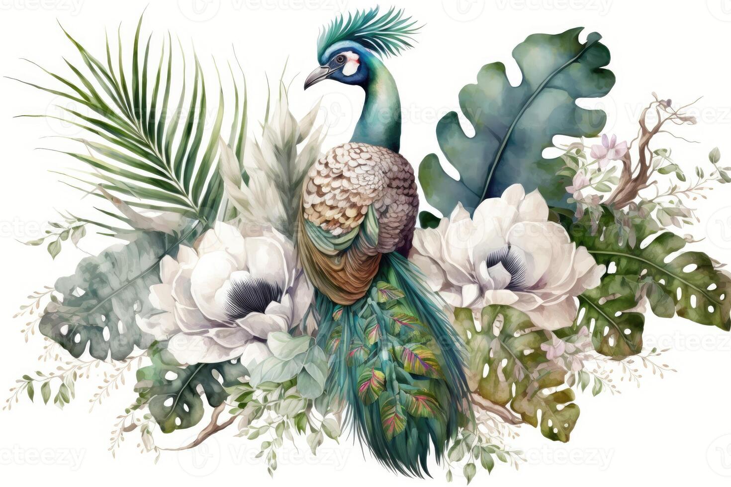 ai generiert Aquarell Gemälde tropisch Palme Blatt Geäst und Blumen mit ein Weiß Pfau Vogel. foto