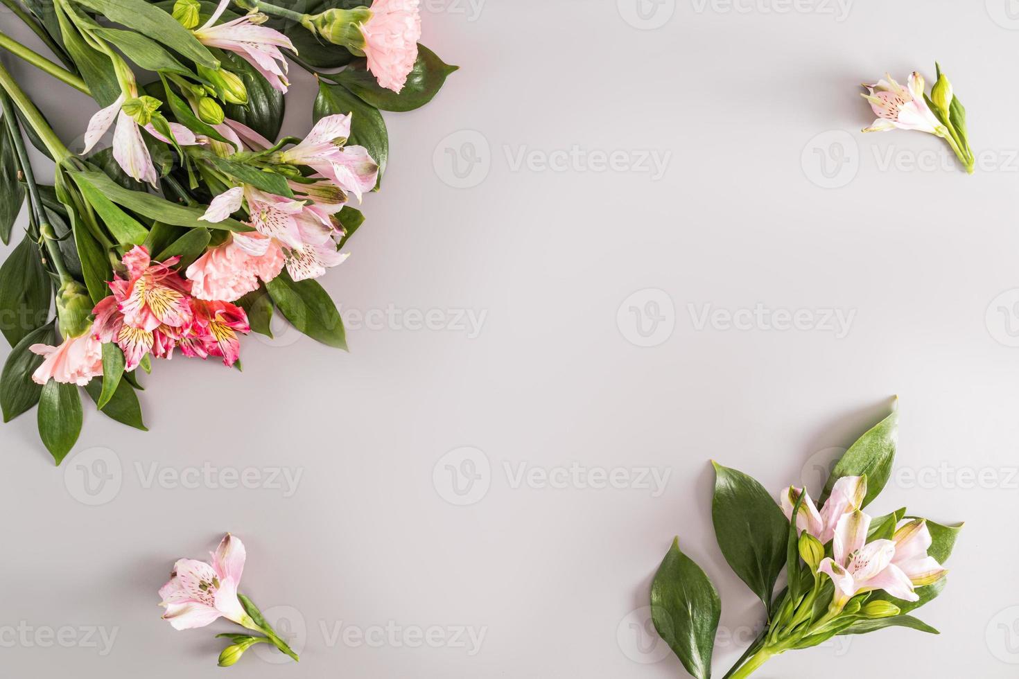festlich Frühling Hintergrund mit Blumen und Knospen von Astromerie. Blume rahmen. Postkarte. ein Platz zum Ihre Text. foto