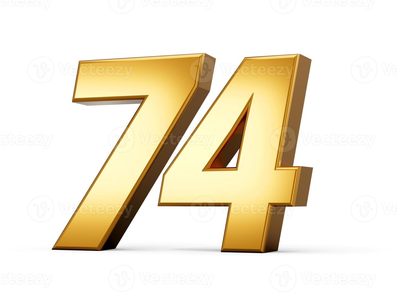 Gold Nummer 74 siebzig vier isoliert Weiß Hintergrund. glänzend 3d Nummer gemacht von Gold 3d Illustration foto