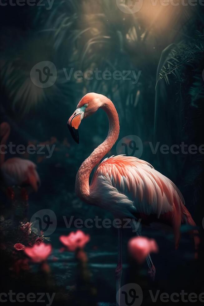 ein schön exotisch Vogel, ein langhalsig Rosa Flamingo Stehen stolz im das Wasser gegen ein dunkel Hintergrund mit ein Blatt Muster. ai generiert foto