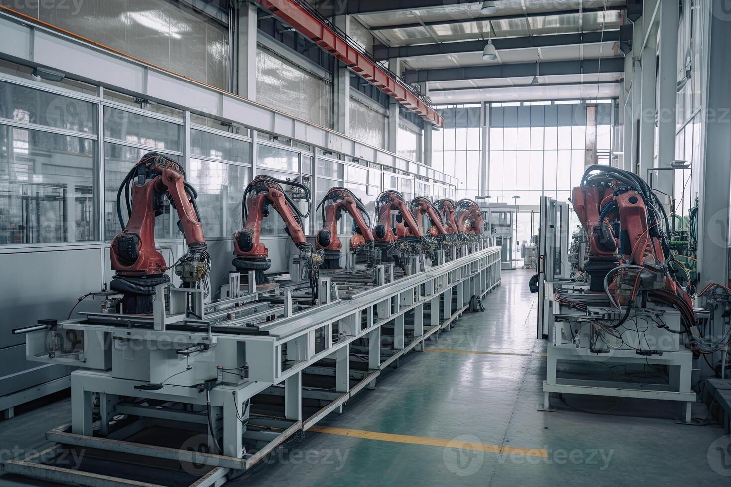 Roboter Waffen auf das Versammlung Linie. automatisiert Förderer auf Fabrik. erstellt mit generativ ai foto