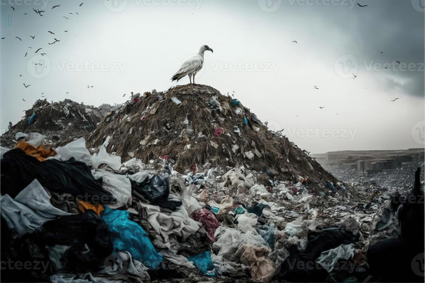 ai generiert Plastik Abfall und Geier im Deponie. Umwelt Verschmutzung Konzept. foto