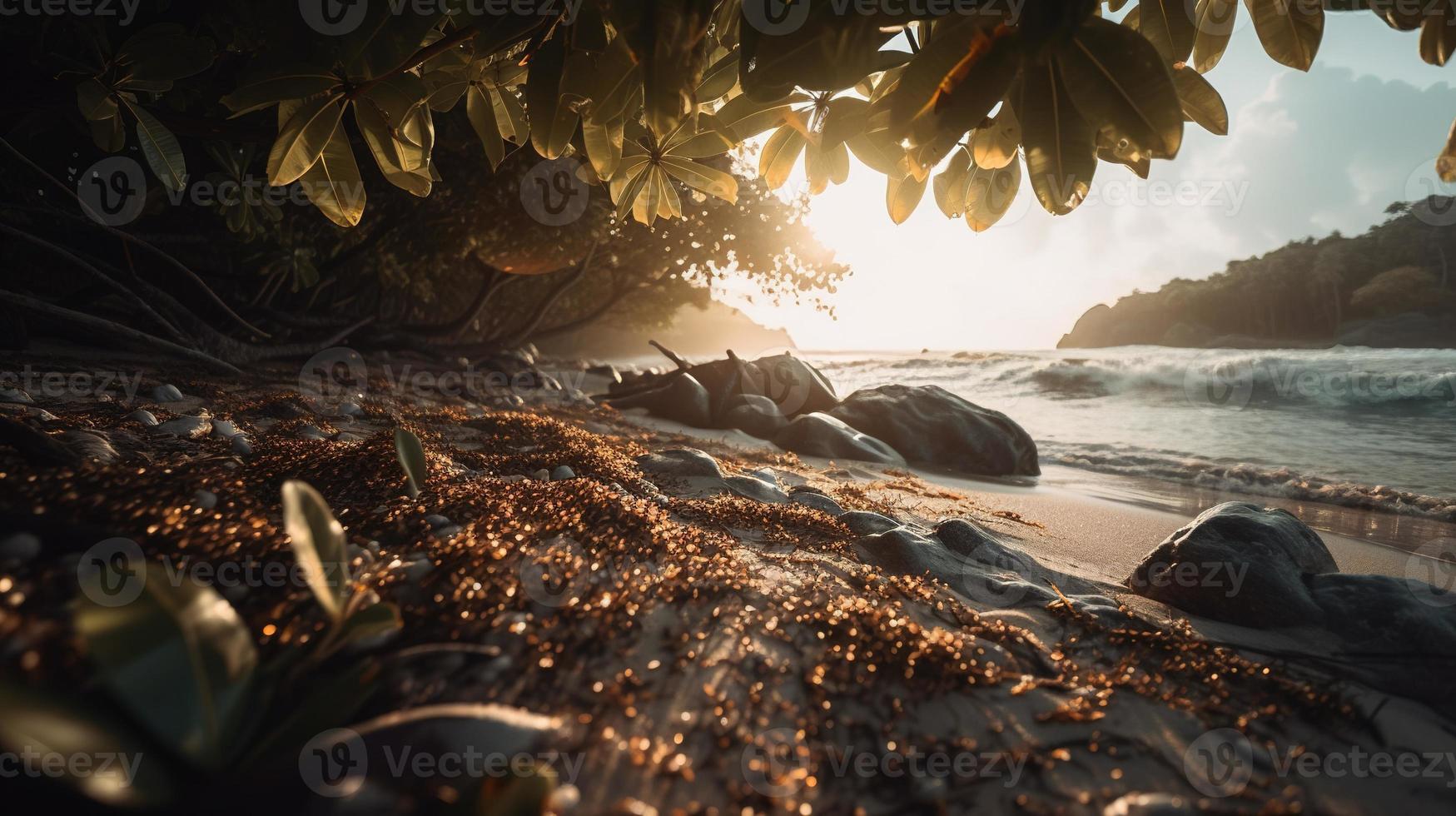 tropisch Strand mit Palme Bäume und Sand Dünen beim Sonnenuntergang, blau Meer foto