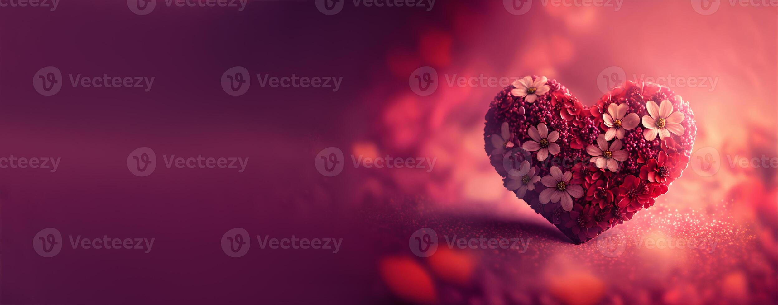 schön Banner mit Herz gemacht von Blumen und Kopieren Raum. Valentinstag Tag, Frau, Mutter Tag Hintergrund. leeren Raum zum Text, Werbung. Rosa, Magenta, violett Farben. Liebe. generativ ai. foto