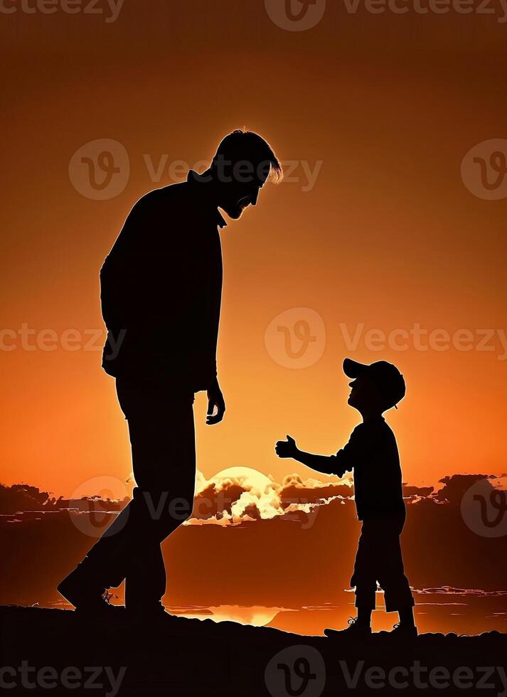 Silhouette Vater und Sohn spielen im das Sonnenuntergang - - ai generiert foto