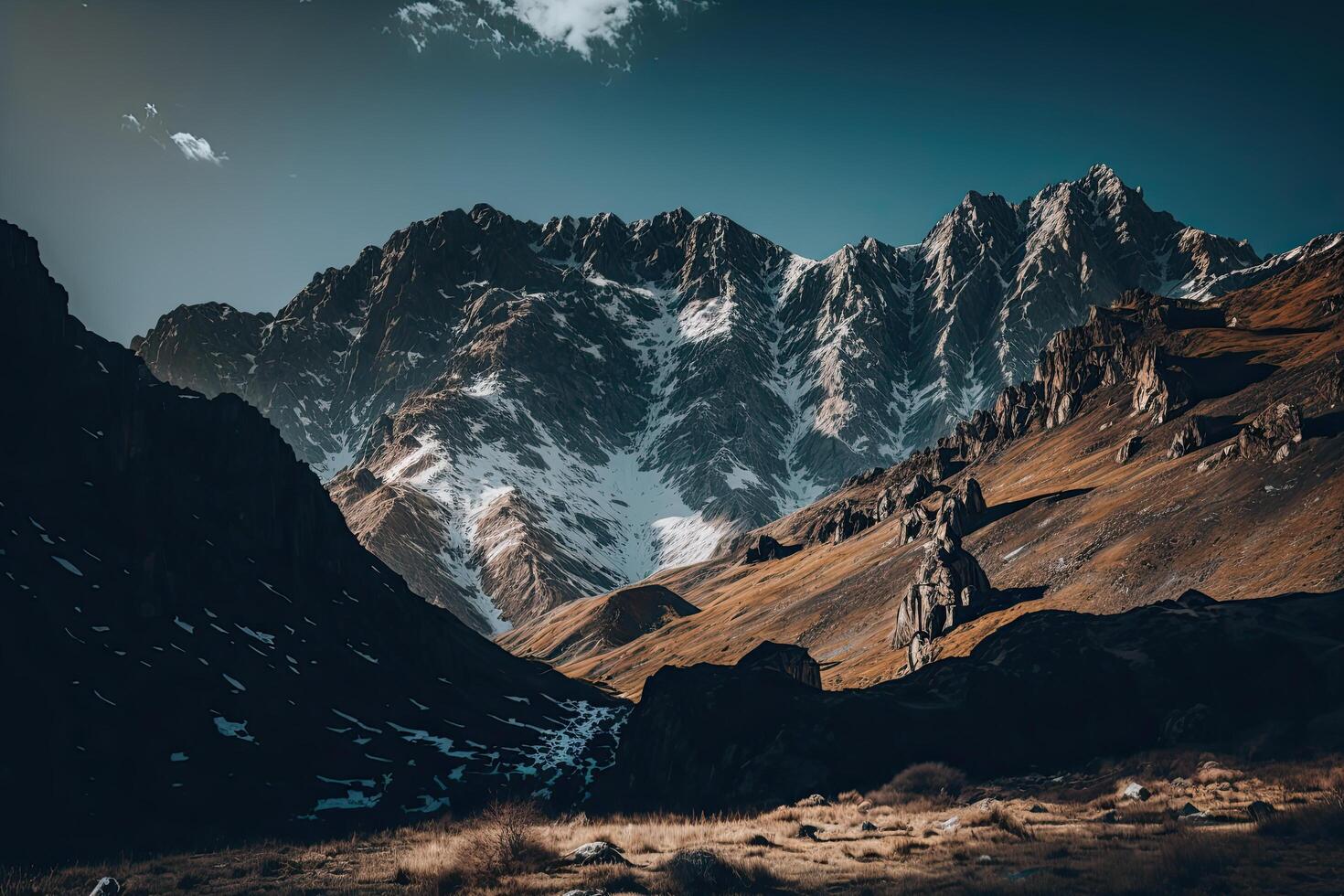 hoch Berge im das Morgen. schön natürlich Landschaft. Illustration ai generativ foto