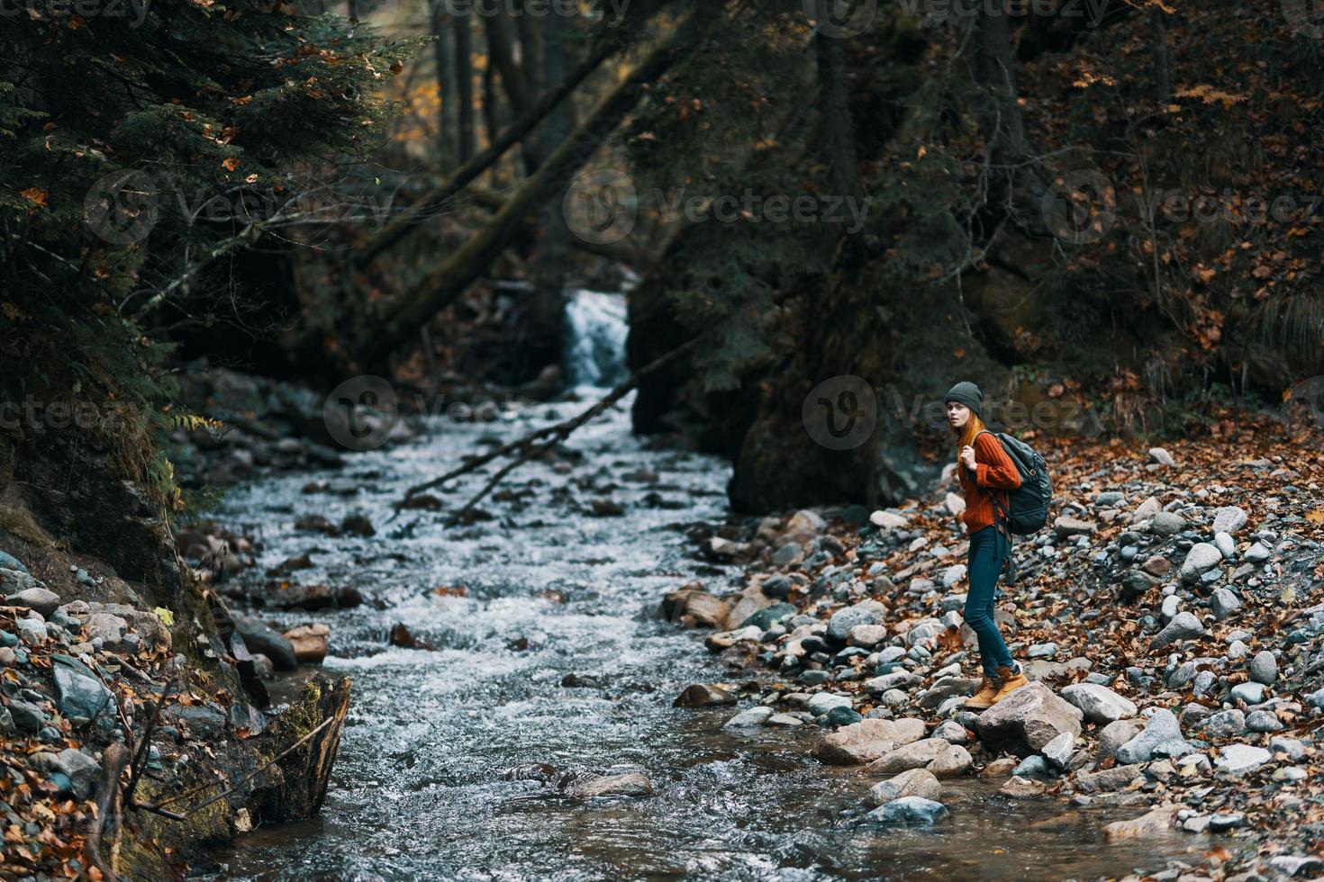 Frau Tourist im warm Kleider mit ein Rucksack auf das Fluss Bank und hoch Bäume Landschaft foto