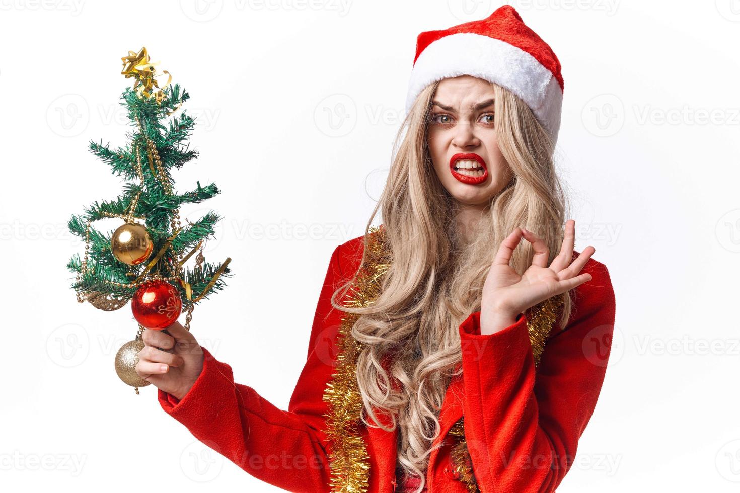 Frau tragen Santa Kostüm Dekoration Urlaub Weihnachten Licht Hintergrund foto