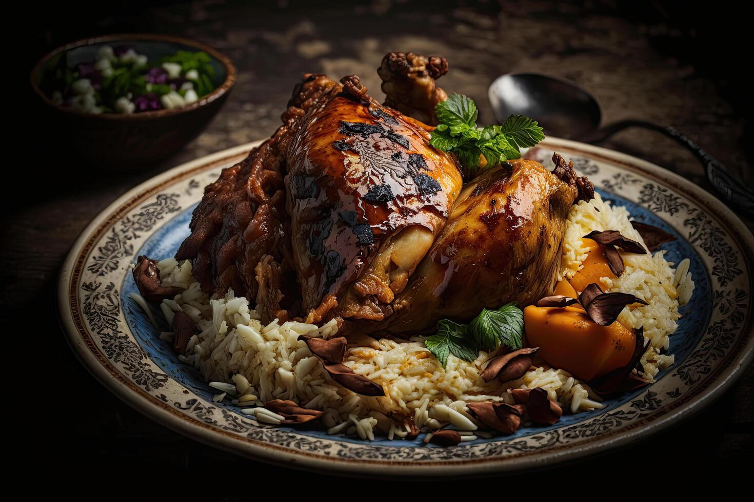 Western Arabisch Essen jemenitisch Lebensmittel. Hähnchen mit Reis. Illustration ai generativ foto