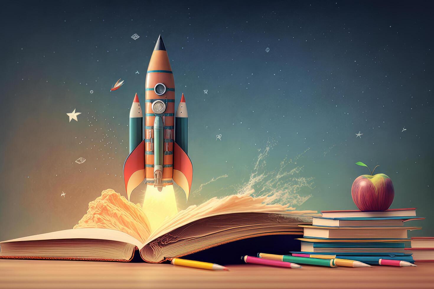 Bücher und Bleistifte mit Rakete skizzieren. Illustration ai generativ foto