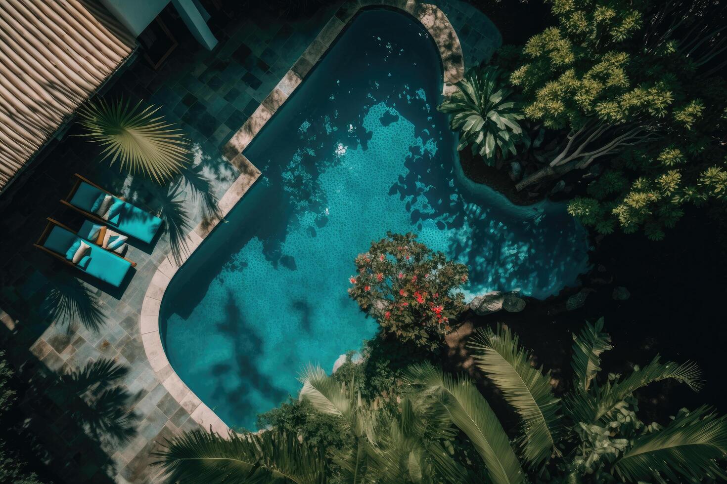 Blau Schwimmbad auf tropisch Insel. Illustration ai generativ foto