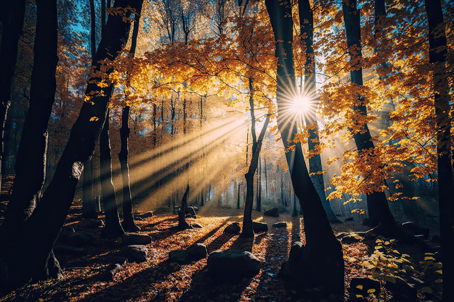 Herbst Wald Natur. ein hell Morgen im ein bunt. Illustration ai generativ foto