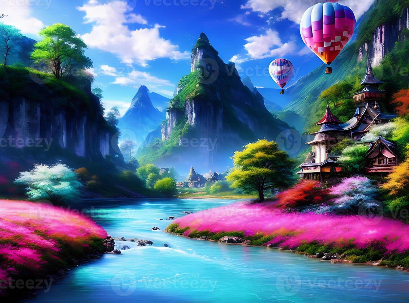 Hintergrund Landschaft, malen, Fantasie Kunst, Anime, Wasser, Natur, Himmel, Wolken, Erde, Brücke, Welt, Kunst, Berg, Luftballons, Bildschirmfoto, Computer Hintergrund, Besondere Auswirkungen, Organismus, ai generiert foto