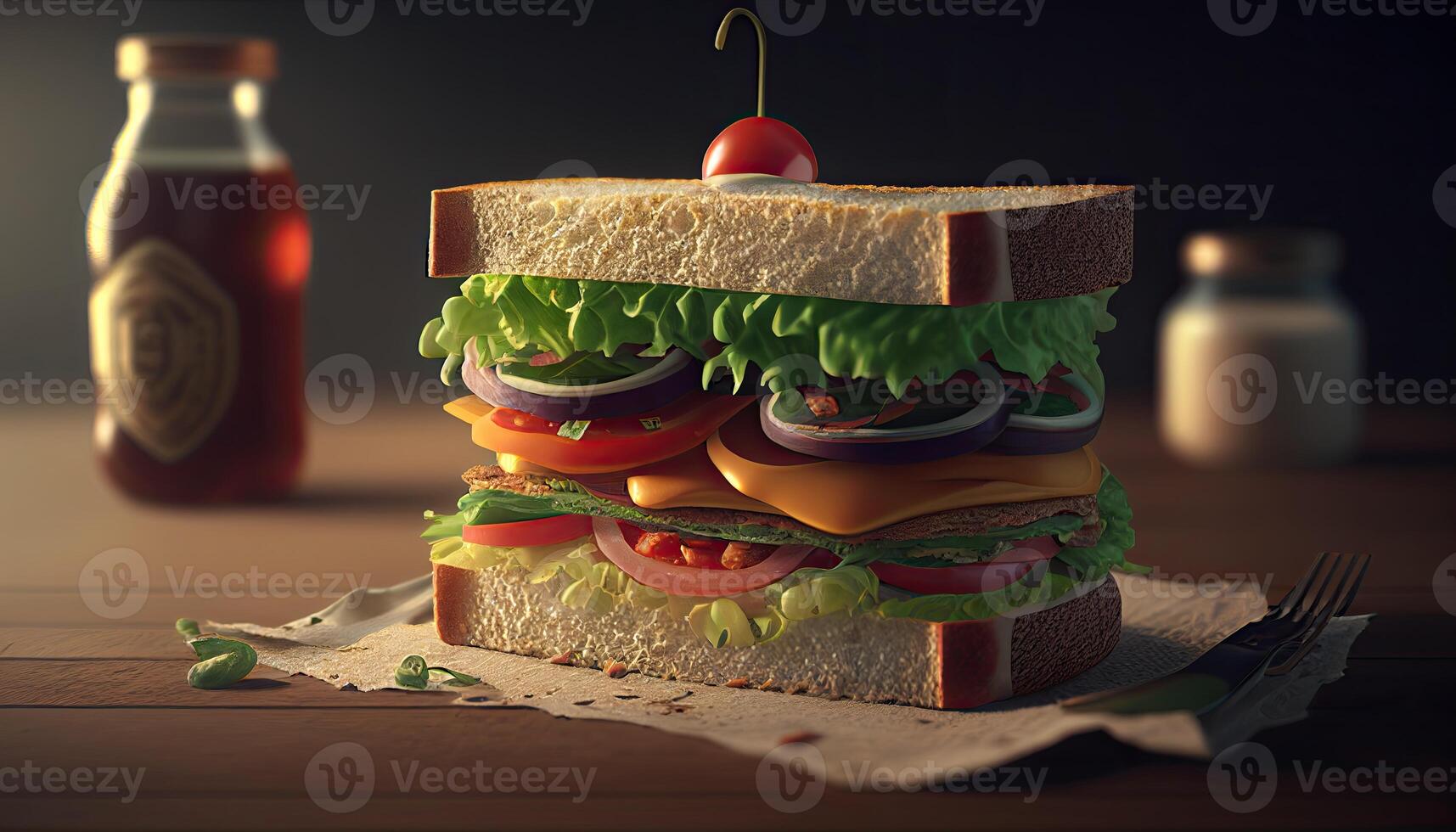 Sandwich auf Tisch, lecker Essen Illustration. generativ ai foto