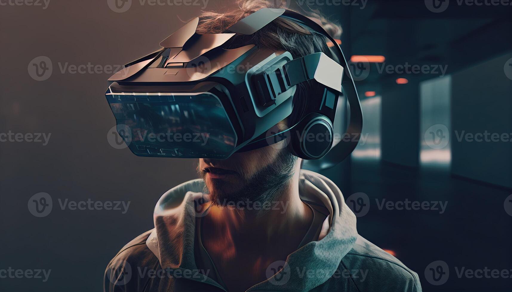 Person trägt vr, Metaverse Illustration. virtuell Wirklichkeit, Mann mit Brille. Technologie von Zukunft, generativ ai foto