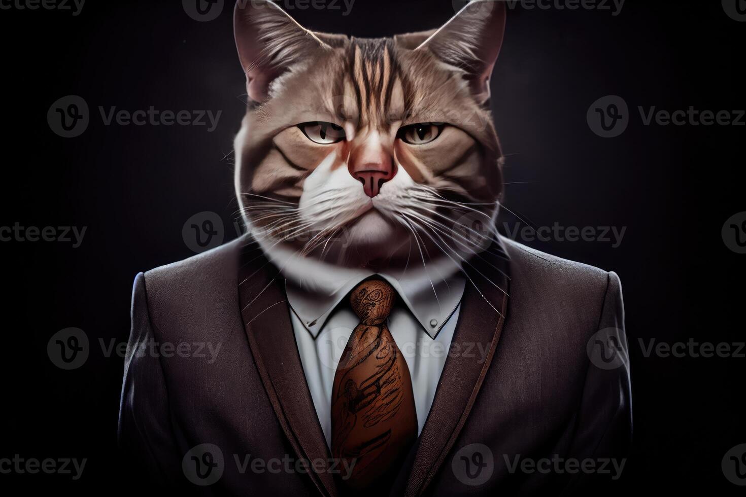 Katze im Büro Uniform Geschäft Kostüm auf dunkel Hintergrund. ernst Katze Porträt, generativ ai foto