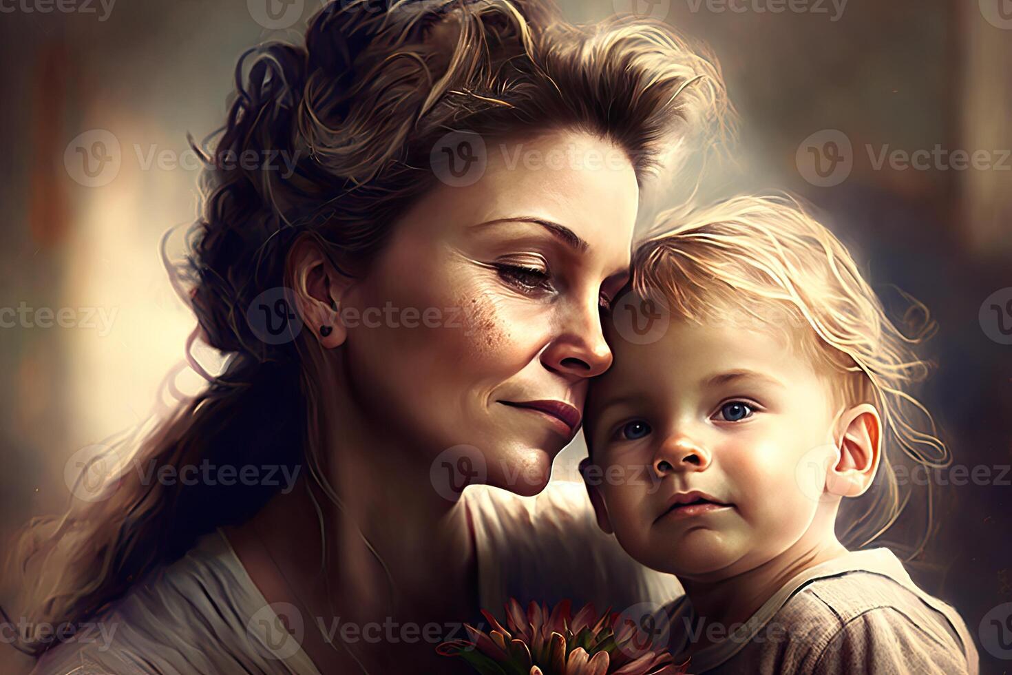 Frau und Kind zusammen Porträt, weiblich lächelnd. Mütter Tag Illustration, generativ ai foto