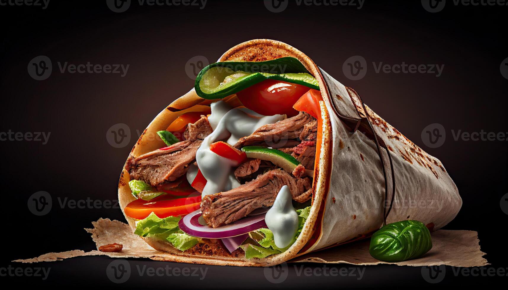 lecker Döner Kebab Döner rollen wickeln Illustration. generativ ai Essen foto