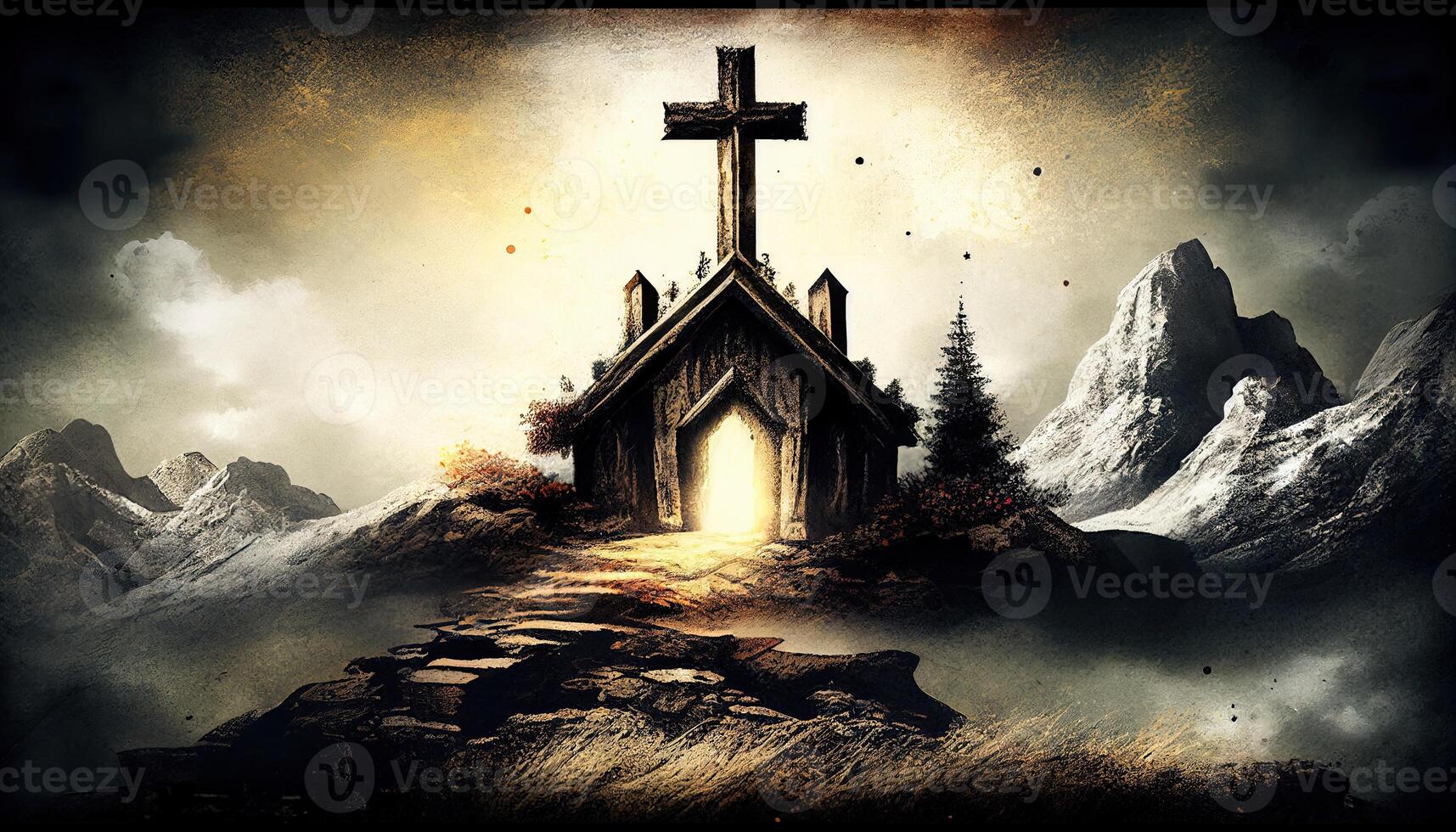 Religion Landschaft Hintergrund, Christian Kreuz auf Natur Hintergrund, generativ ai foto