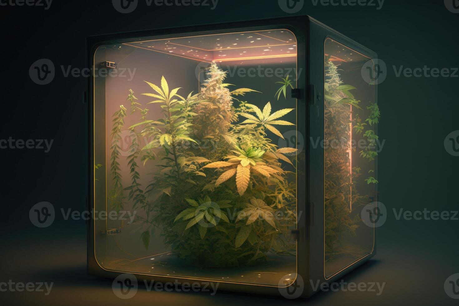 Cannabis Pflanze mit Knospen im Glas Growbox im leeren Zimmer, generativ ai foto