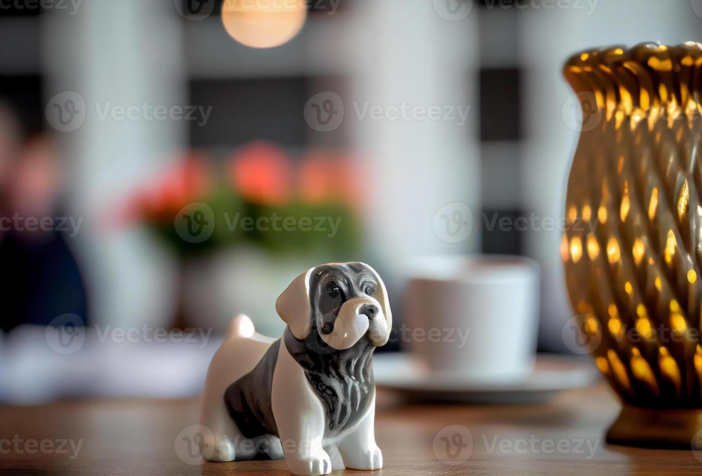 Porzellan Hund steht auf ein hölzern Tisch. verschwommen Zimmer Hintergrund. ai generiert foto