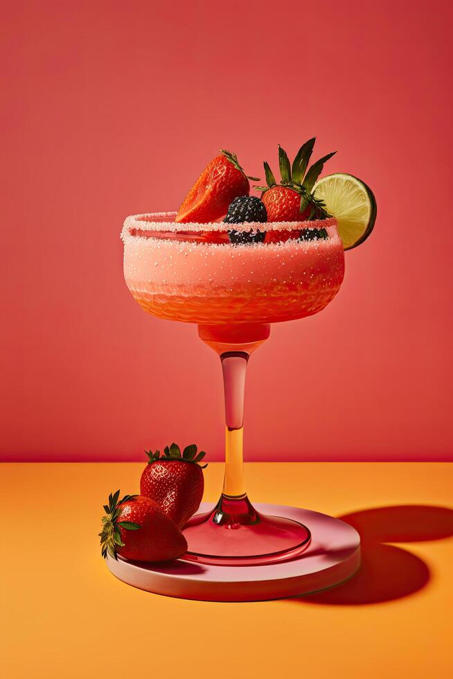 Erdbeere Margarita Cocktail auf ein Rosa Hintergrund. Illustration ai generativ foto