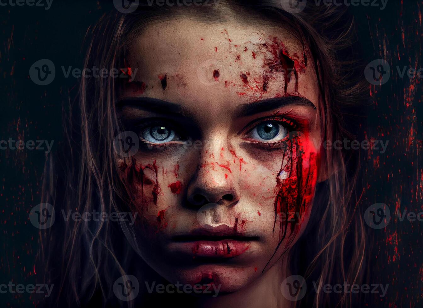 ein jung Mädchen mit Blut auf ihr Gesicht. Gewalt gegen ein Frau. ai generiert foto