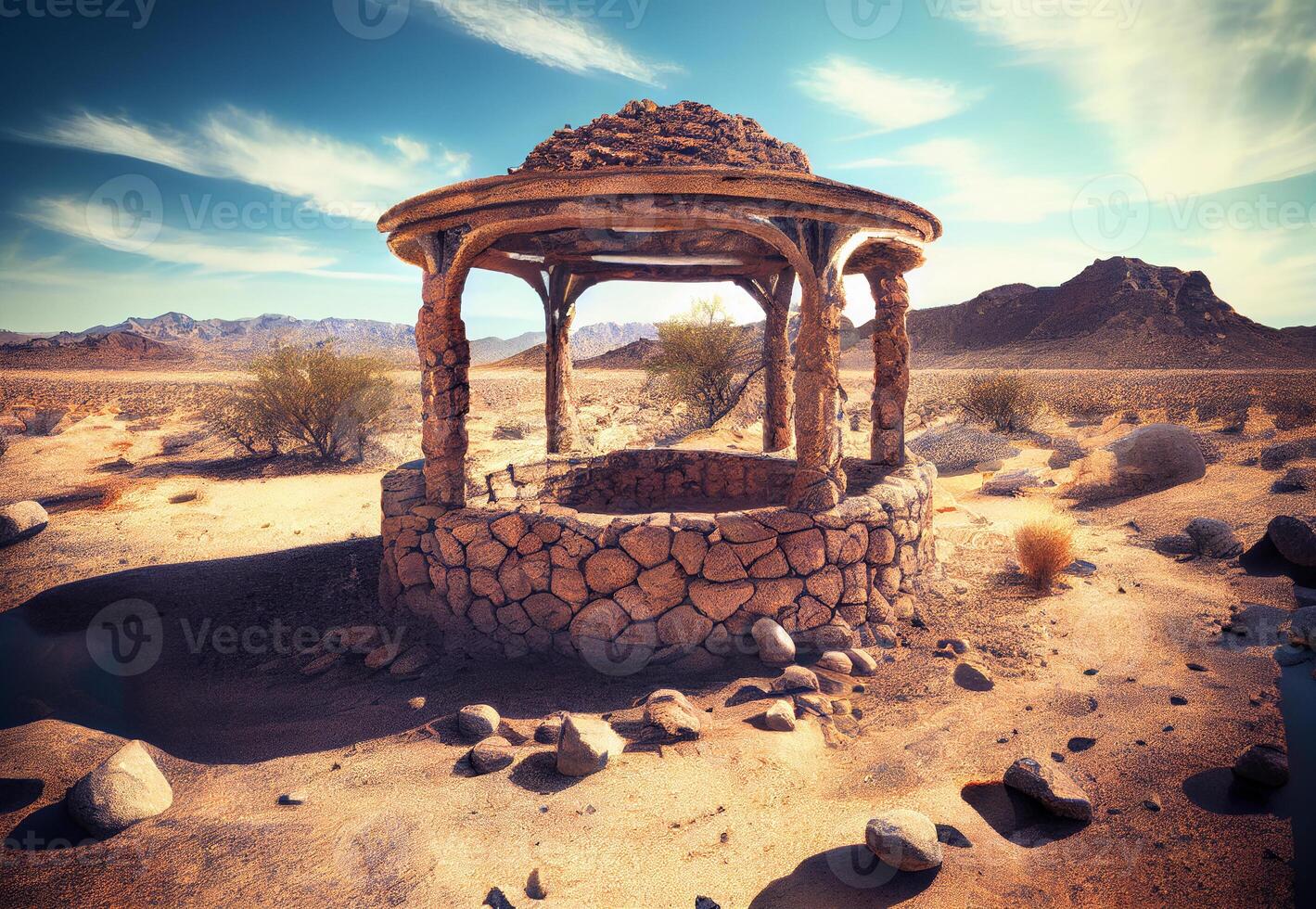 alt Stein Gut im das trocken Wüste. Wasser im Afrika. ai generiert foto