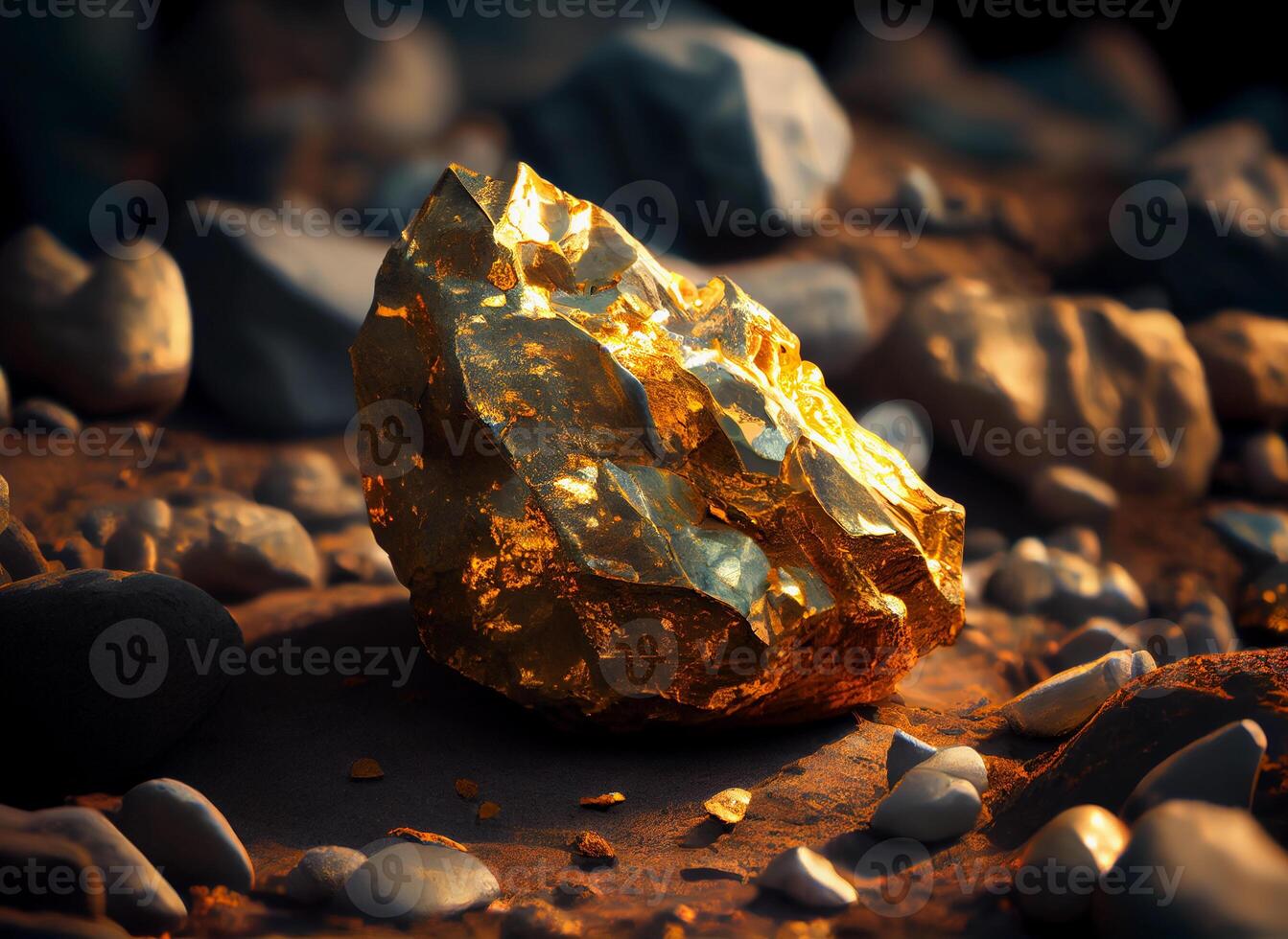 Gold Nugget Lügen auf das Boden. wertvoll Mineral Stein. ai generiert foto