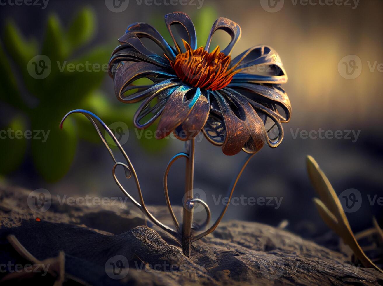 geschmiedet Eisen Blume auf das Hintergrund von ein Grün Garten. ai generiert foto