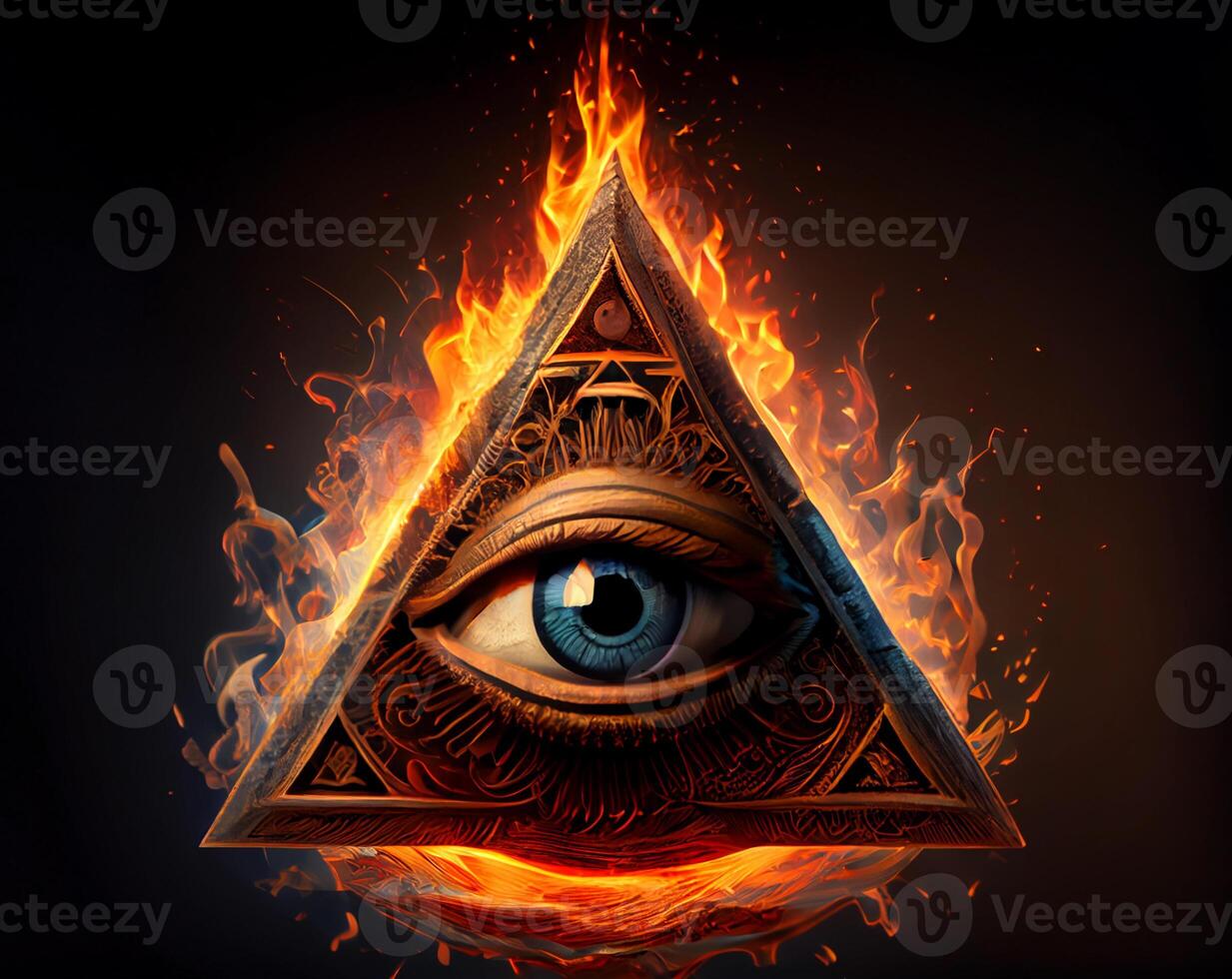 Dreieck mit ein Auge innen. Zeichen von das Geheimnis Gesellschaft von Freimaurer. das Emblem von das Gruppe von Verschwörer. ai generiert foto