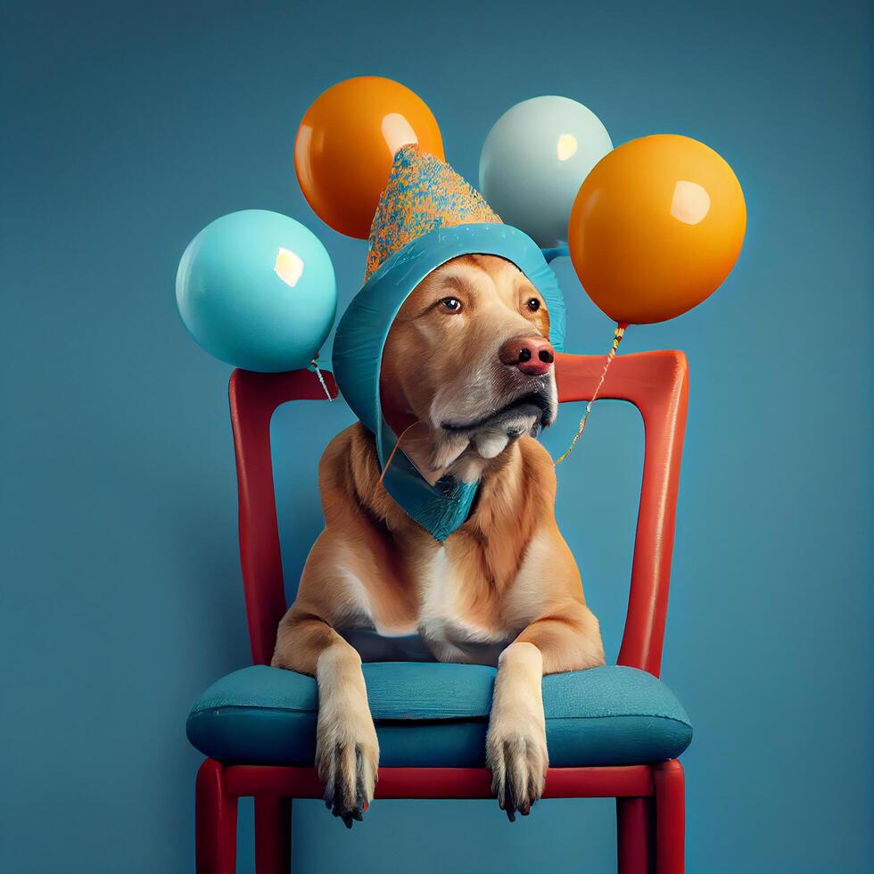 süß Geburtstag Hund Sitzung auf Stuhl mit Luftballons. generativ ai foto