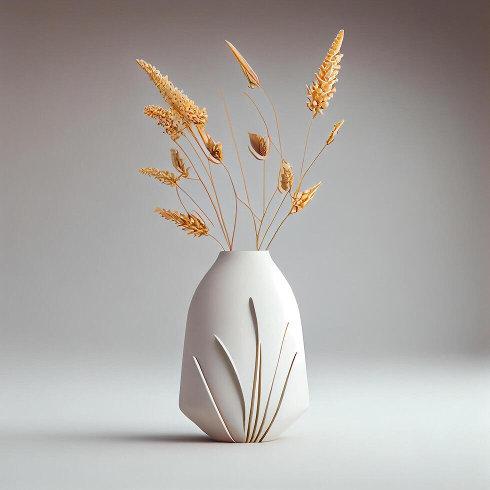 minimalistisch Design Dekoration mit trocken Blumen im Vase. generativ ai foto