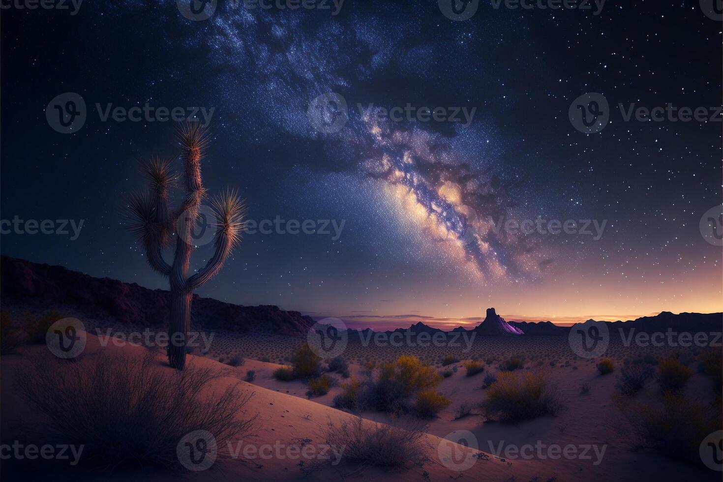 Wüste Nacht Landschaft mit Kaktus Berge und milchig Weg im das Himmel. generativ ai foto