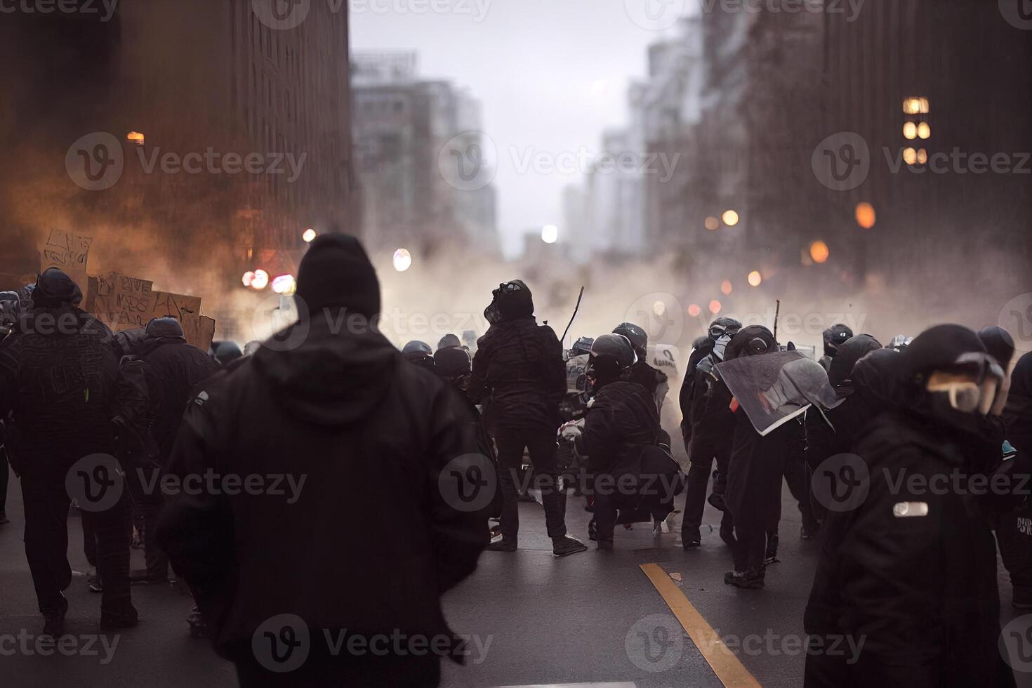 Illustration von ein Protest im das Straße mit Polizei foto