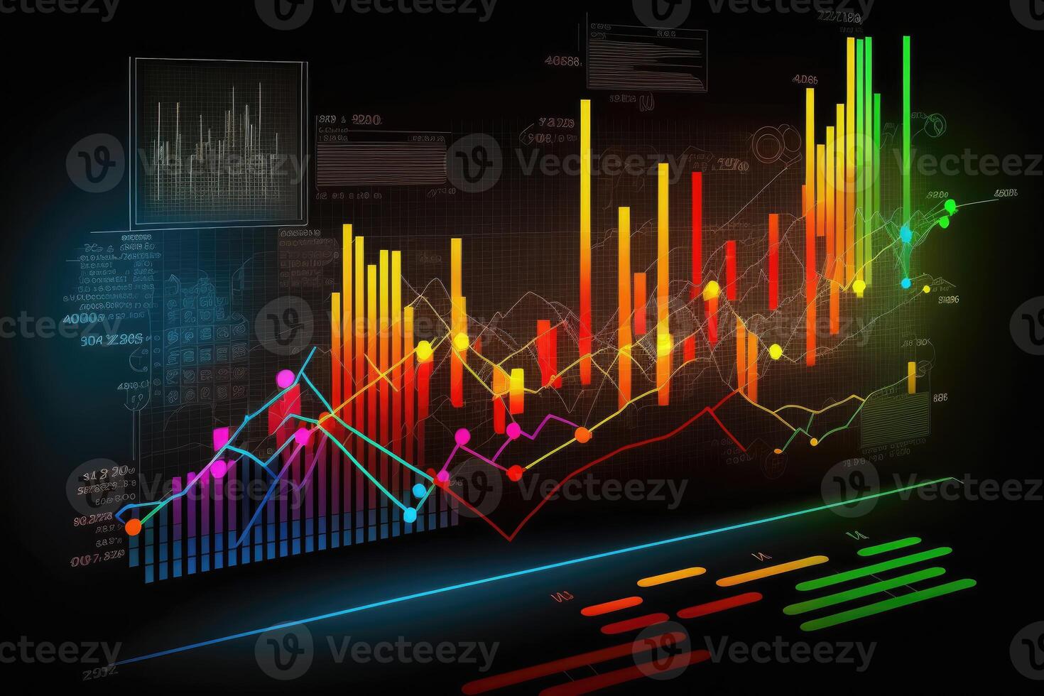 ai generiert Graph Investition, Lager Markt, Geld Austausch, Wachstum Planung Diagramme, profitieren Ziel. Gelegenheit zum Geschäft Herausforderung und Strategie. foto