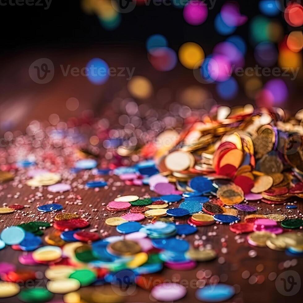 mehrfarbig hell Konfetti auf ein Hintergrund mit Bokeh Wirkung. abstrakt Glanz Textur zum Urlaub Party. generiert ai. foto