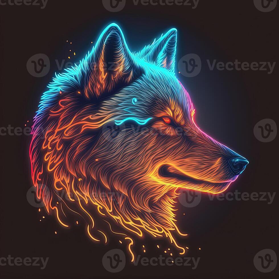 abstrakt, bunt, Neon- Porträt von ein Wolfs Kopf auf ein schwarz Hintergrund.. generativ ai. foto