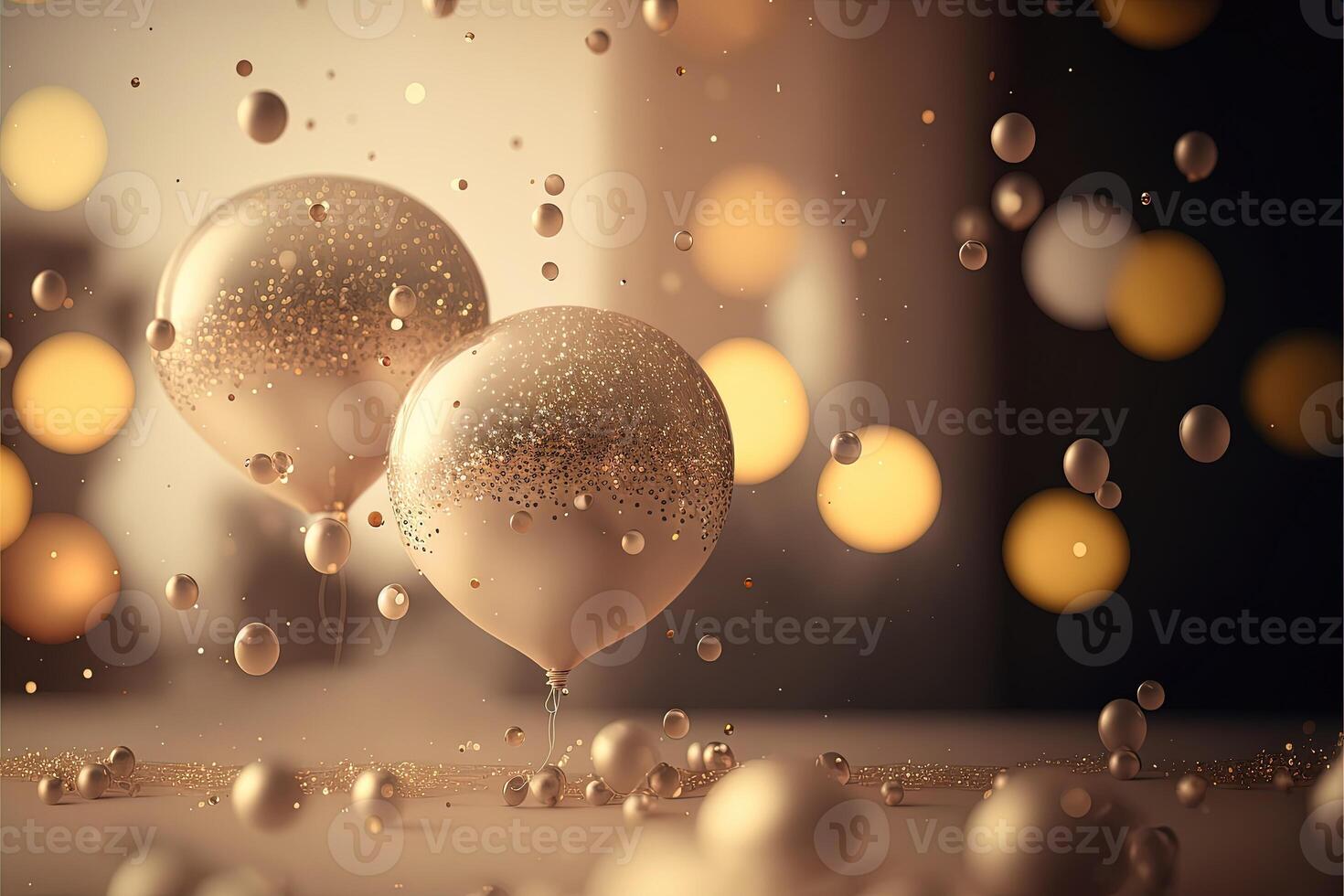 festlich Luxus Hintergrund mit golden aufblasbar Luftballons, Konfetti, verschwommen Hintergrund mit Bokeh Wirkung. generativ ai foto