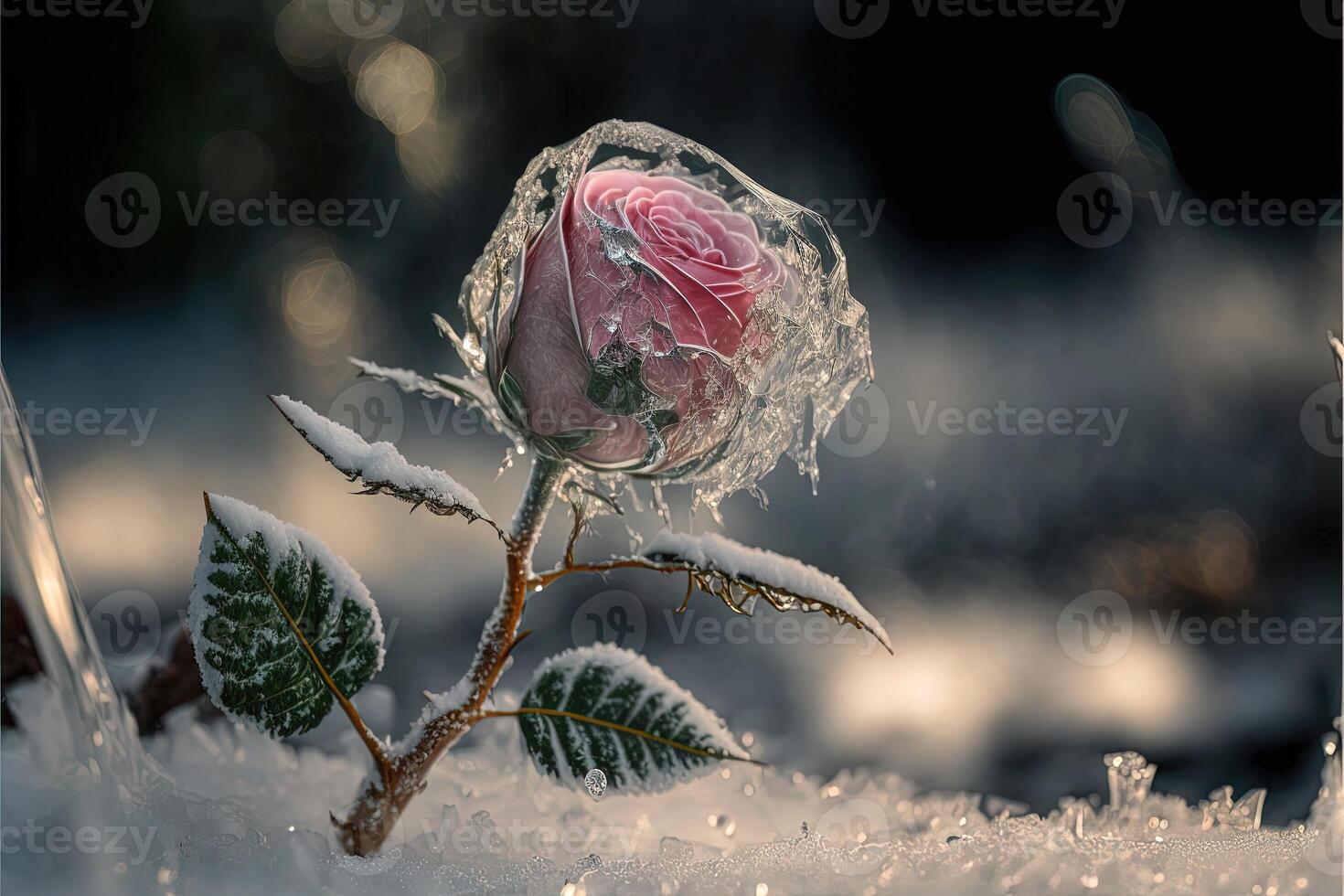 gefroren Magie rot Rose im das Schnee romantisch Hintergrund. foto