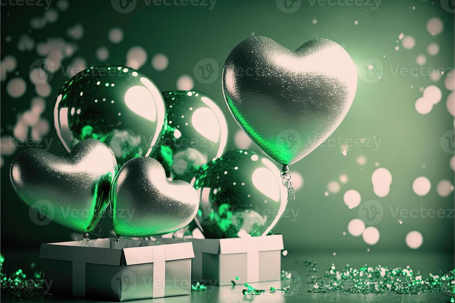 festlich Hintergrund mit metallisch Grün und Silber Luftballons und Geschenke zum Neu Jahr oder Valentinstag Tag oder irgendein andere Urlaub. foto