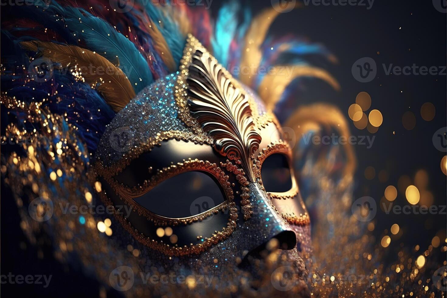 realistisch Luxus Karneval Maske mit Blau Gefieder. abstrakt verschwommen Hintergrund, Gold Staub, und Licht Auswirkungen. generativ ai foto