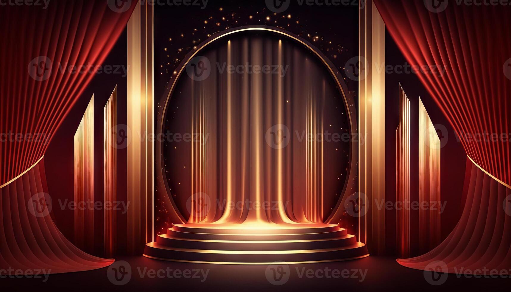 rot kastanienbraun golden Vorhang Bühne vergeben Hintergrund. Trophäe auf rot Teppich Luxus Hintergrund. generativ ai foto