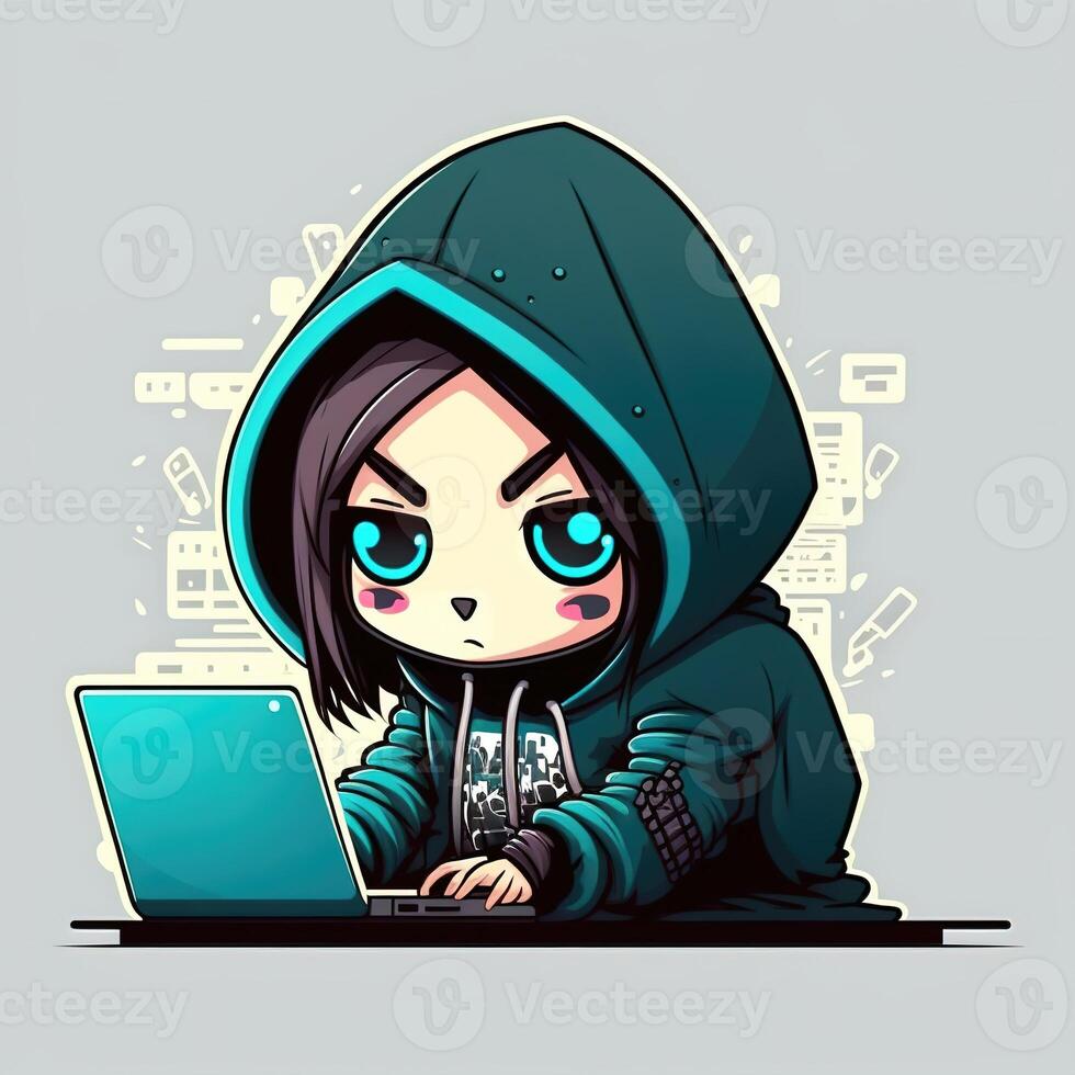 süß Mädchen Hacker mit Laptop. Benutzerbild im Karikatur Stil. generativ ai foto