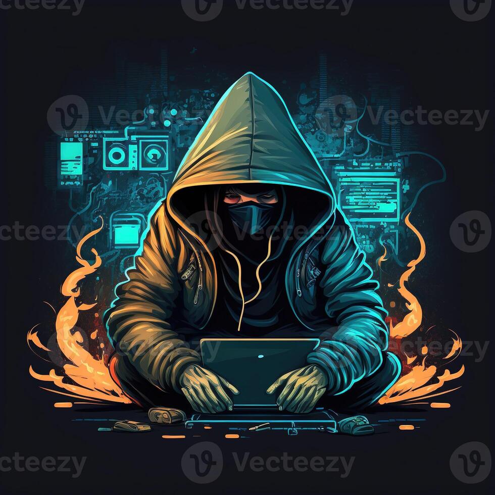 mit Kapuze Hacker mit Laptop beim arbeiten. Symbol von das darknet und illegal Aktivitäten auf das Internet. generativ ai foto