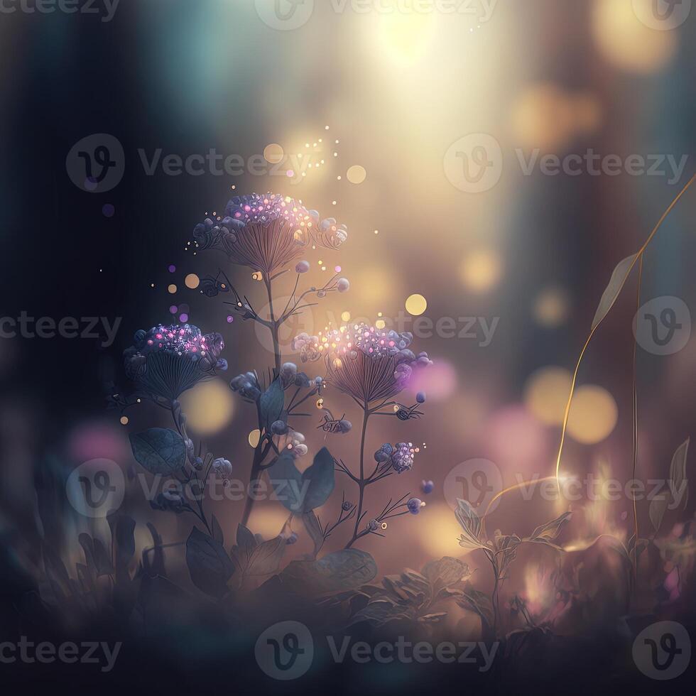 abstrakt Fee Geschichte verschwommen Hintergrund mit Blume Pflanze Elemente und Bokeh Beleuchtung. ai generiert. foto