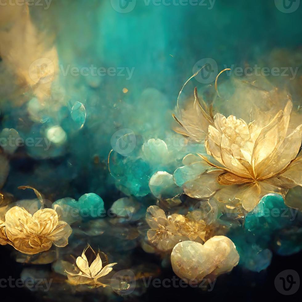 zart fabelhaft Türkis Luxus Hintergrund mit Magie Blumen Juwelen und Licht Auswirkungen. 3d Illustration. ai machen foto