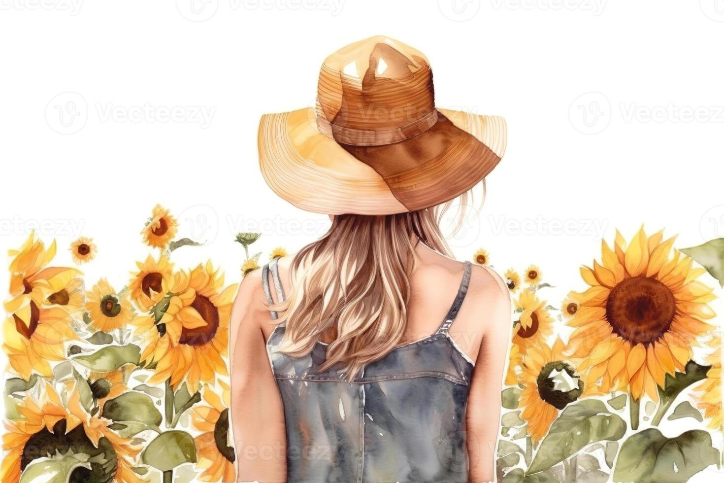 Aquarell Bild von ein Mädchen im ein Gelb Stroh Hut auf ein Sonnenblume Feld gezeichnet von zurück. generiert ai. foto